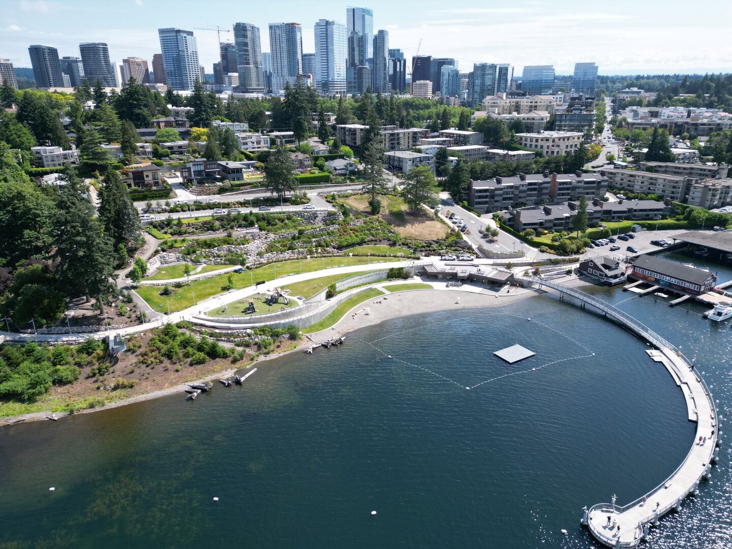 Aerial view of Meydenbauer Bay, the curved pier and downtown Whaler’s Bay