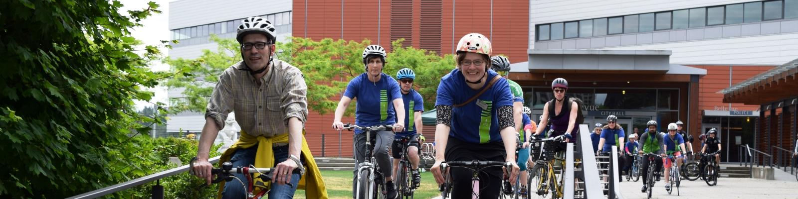 Group of cyclists outside Whaler's Bay City Hall