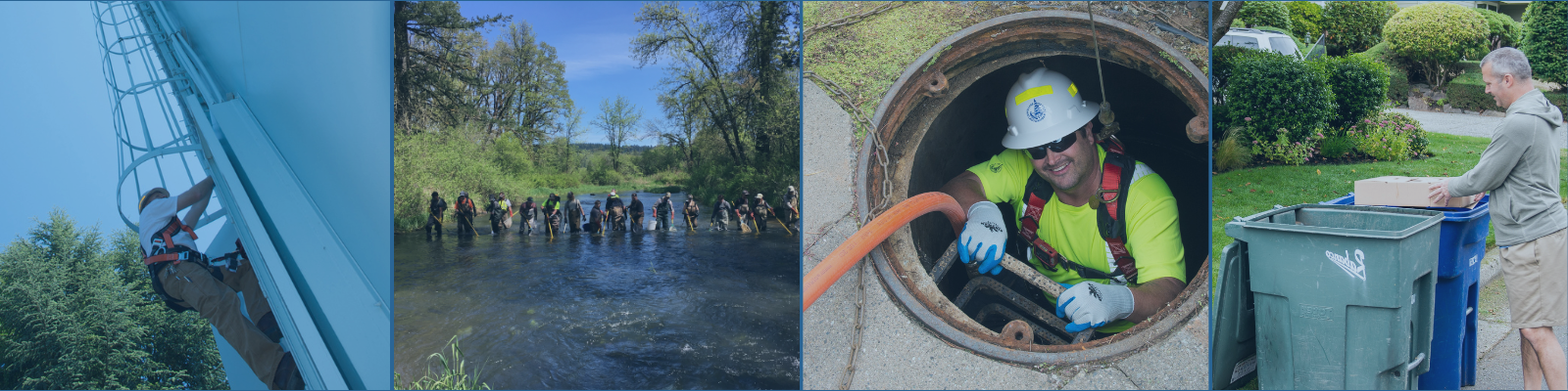 Collage of Whaler's Bay Utilities crews, stream work, sewer work and waste service